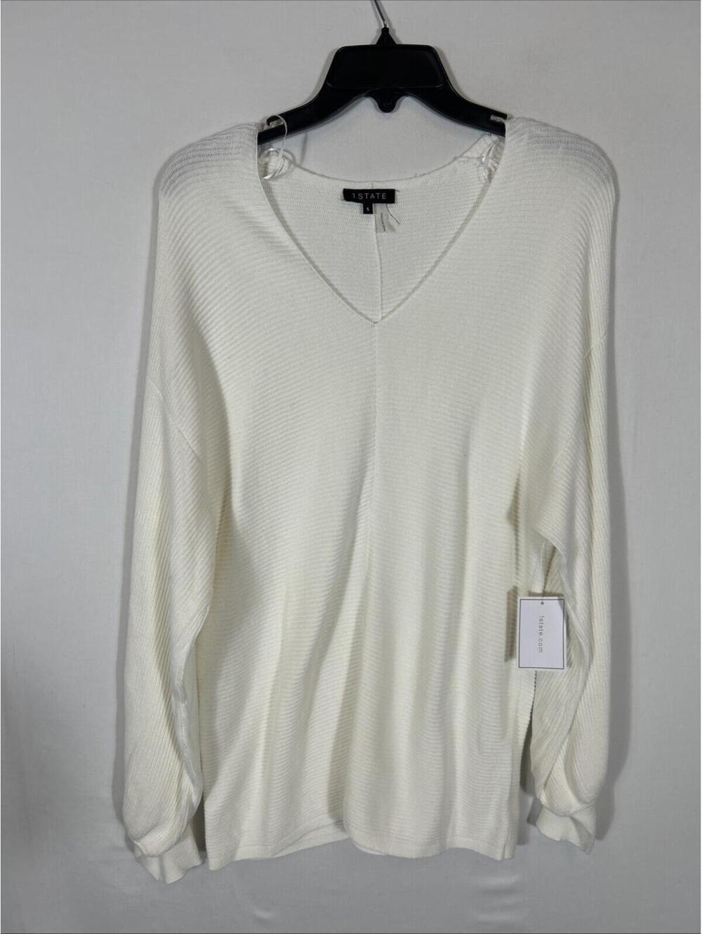 $90 1state White Ribbed V-Neck Sweater With Balloon Sleeves S